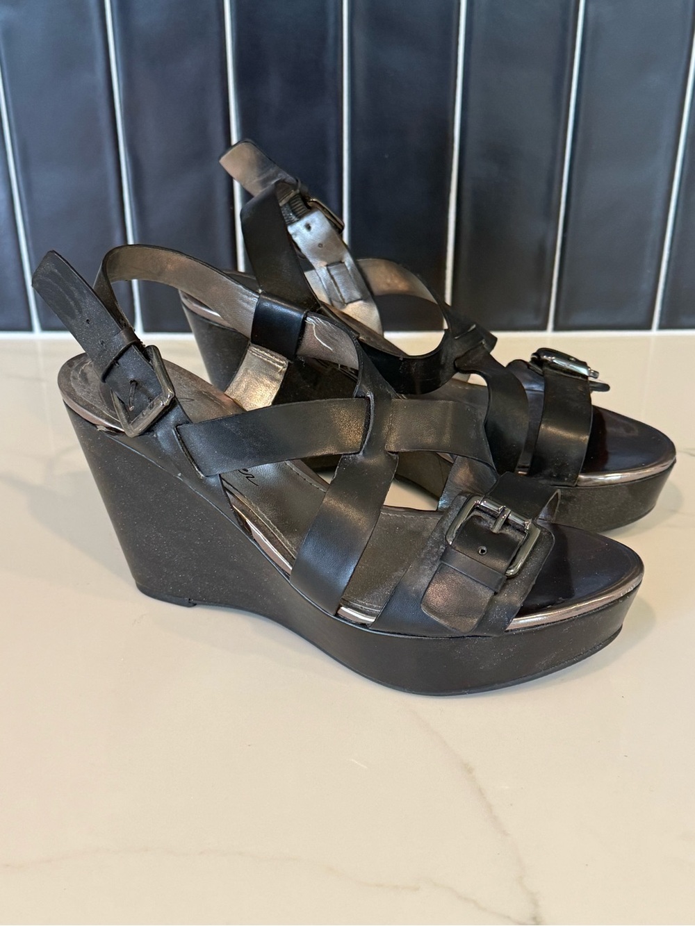 Marc Fisher Black Leather Wedge Sandals with Buckle Straps